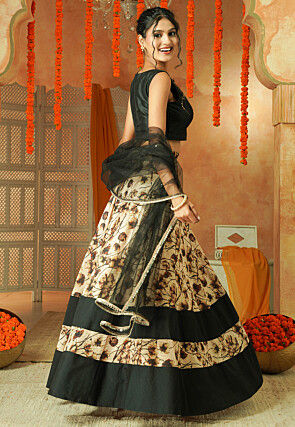 Printed Chanderi Silk Lehenga in Beige and Black