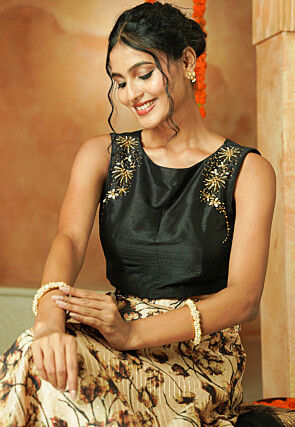 Printed Chanderi Silk Lehenga in Beige and Black