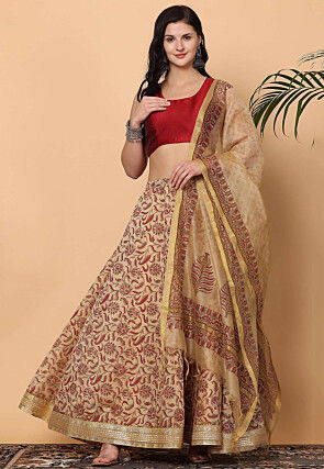 Printed Chanderi Silk Lehenga in Beige