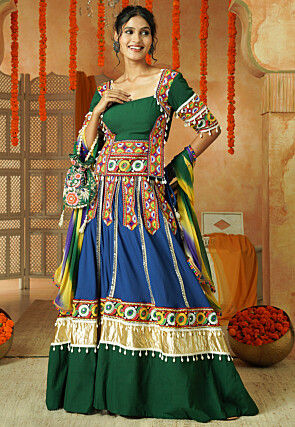 Printed Chanderi Silk Lehenga in Dusty Blue