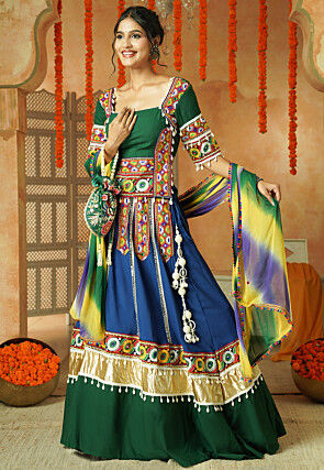 Printed Chanderi Silk Lehenga in Dusty Blue