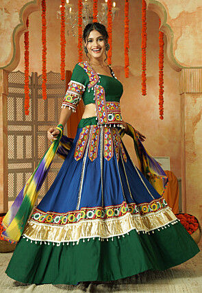 Printed Chanderi Silk Lehenga in Dusty Blue