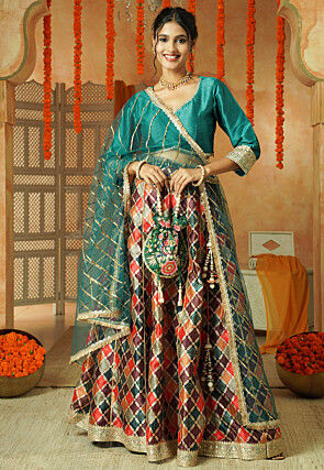 Printed Chanderi Silk Lehenga in Multicolor