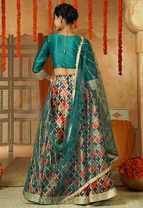 Printed Chanderi Silk Lehenga in Multicolor
