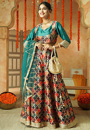 Printed Chanderi Silk Lehenga in Multicolor