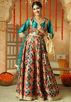 Printed Chanderi Silk Lehenga in Multicolor