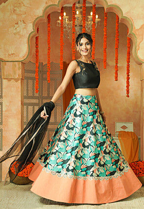 Printed Chanderi Silk Lehenga in Multicolor