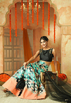 Printed Chanderi Silk Lehenga in Multicolor