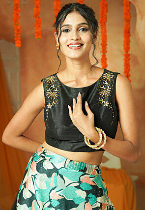 Printed Chanderi Silk Lehenga in Multicolor