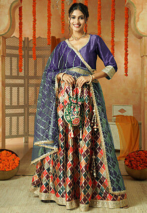 Printed Chanderi Silk Lehenga in Multicolor