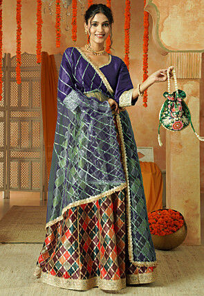 Printed Chanderi Silk Lehenga in Multicolor