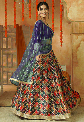 Printed Chanderi Silk Lehenga in Multicolor