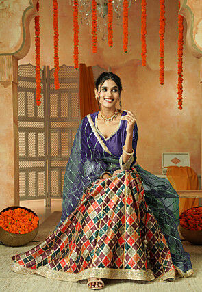 Printed Chanderi Silk Lehenga in Multicolor
