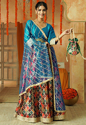 Printed Chanderi Silk Lehenga in Multicolor