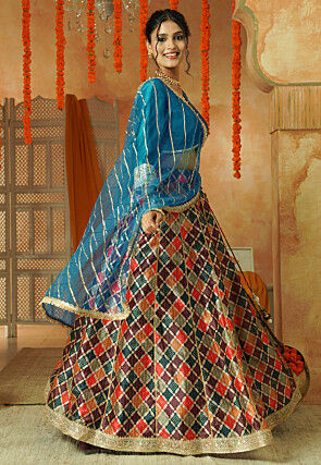 Printed Chanderi Silk Lehenga in Multicolor