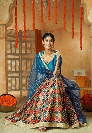 Printed Chanderi Silk Lehenga in Multicolor