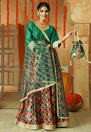 Printed Chanderi Silk Lehenga in Multicolor