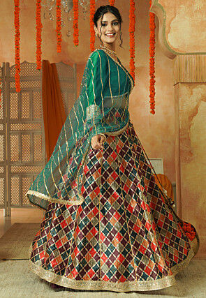 Printed Chanderi Silk Lehenga in Multicolor