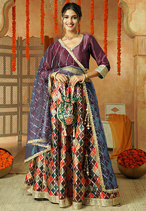 Printed Chanderi Silk Lehenga in Multicolor