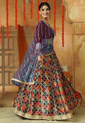 Printed Chanderi Silk Lehenga in Multicolor