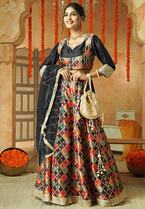 Printed Chanderi Silk Lehenga in Multicolor