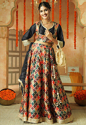 Printed Chanderi Silk Lehenga in Multicolor