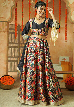 Printed Chanderi Silk Lehenga in Multicolor