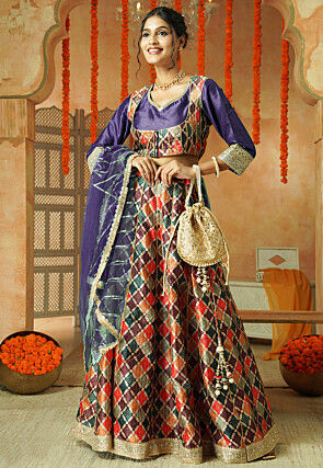 Printed Chanderi Silk Lehenga in Multicolor
