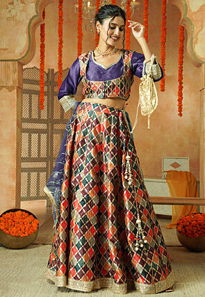 Printed Chanderi Silk Lehenga in Multicolor