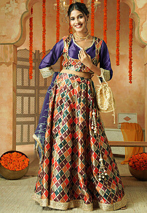 Printed Chanderi Silk Lehenga in Multicolor