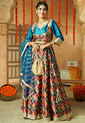 Printed Chanderi Silk Lehenga in Multicolor