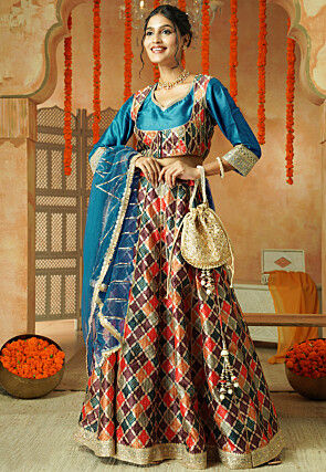 Printed Chanderi Silk Lehenga in Multicolor