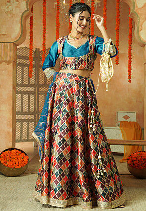 Printed Chanderi Silk Lehenga in Multicolor