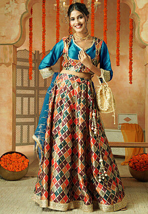 Printed Chanderi Silk Lehenga in Multicolor