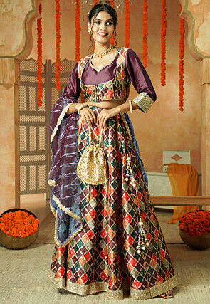 Printed Chanderi Silk Lehenga in Multicolor