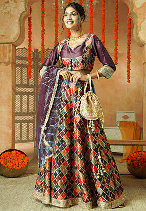 Printed Chanderi Silk Lehenga in Multicolor