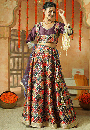 Printed Chanderi Silk Lehenga in Multicolor