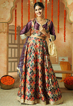 Printed Chanderi Silk Lehenga in Multicolor