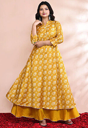 Printed Chanderi Silk Long Kurta in Mustard
