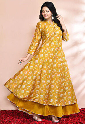 Printed Chanderi Silk Long Kurta in Mustard