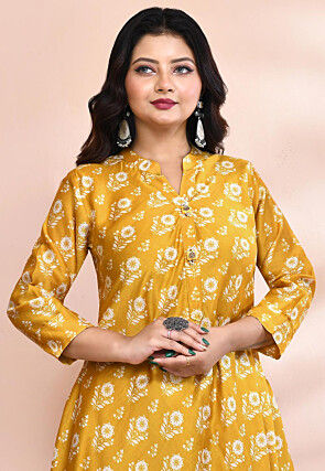 Printed Chanderi Silk Long Kurta in Mustard
