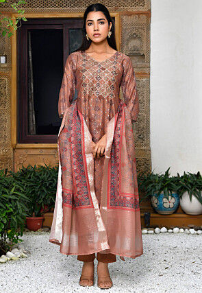 Printed Chanderi Silk Pakistani Suit in Brown