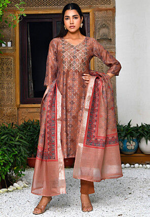 Printed Chanderi Silk Pakistani Suit in Brown