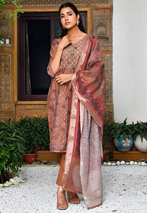 Printed Chanderi Silk Pakistani Suit in Brown