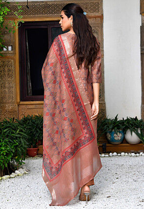 Printed Chanderi Silk Pakistani Suit in Brown