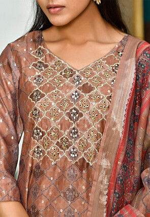 Printed Chanderi Silk Pakistani Suit in Brown