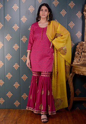 Printed Chanderi Silk Pakistani Suit in Fuchsia