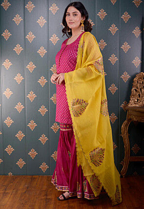 Printed Chanderi Silk Pakistani Suit in Fuchsia