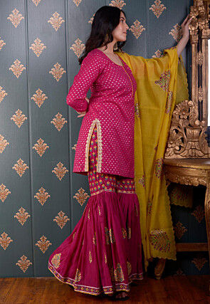 Printed Chanderi Silk Pakistani Suit in Fuchsia