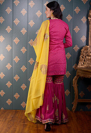 Printed Chanderi Silk Pakistani Suit in Fuchsia